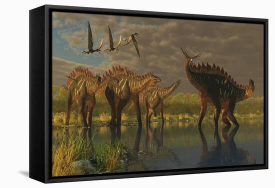 A Miragaia Dinosaur Bellows in Protest as Others Try to Join Him in the Marsh-null-Framed Stretched Canvas