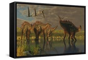 A Miragaia Dinosaur Bellows in Protest as Others Try to Join Him in the Marsh-null-Framed Stretched Canvas