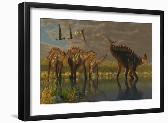 A Miragaia Dinosaur Bellows in Protest as Others Try to Join Him in the Marsh-null-Framed Art Print