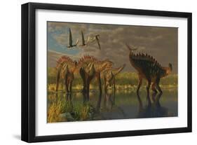 A Miragaia Dinosaur Bellows in Protest as Others Try to Join Him in the Marsh-null-Framed Art Print