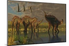A Miragaia Dinosaur Bellows in Protest as Others Try to Join Him in the Marsh-null-Mounted Art Print
