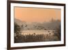 A misty sunrise over the Great Lake on the Castle Howard Estate, North Yorkshire, Yorkshire, Englan-John Potter-Framed Photographic Print