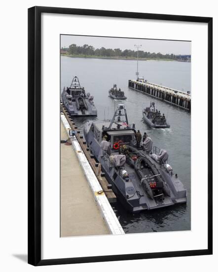 A MK-V Special Operations Craft Tied Pierside Manned And Loaded with Combat Rubber Raiding Craft-Stocktrek Images-Framed Photographic Print