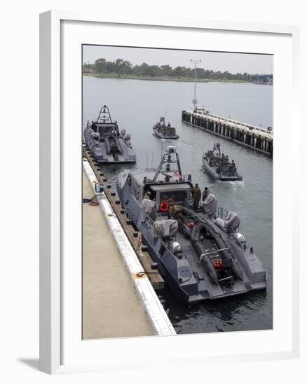 A MK-V Special Operations Craft Tied Pierside Manned And Loaded with Combat Rubber Raiding Craft-Stocktrek Images-Framed Photographic Print