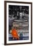 A Monk Prays in Front of a Golden Buddha, Wat Suthat, Bangkok, Thailand, Southeast Asia, Asia-Andrew Taylor-Framed Photographic Print