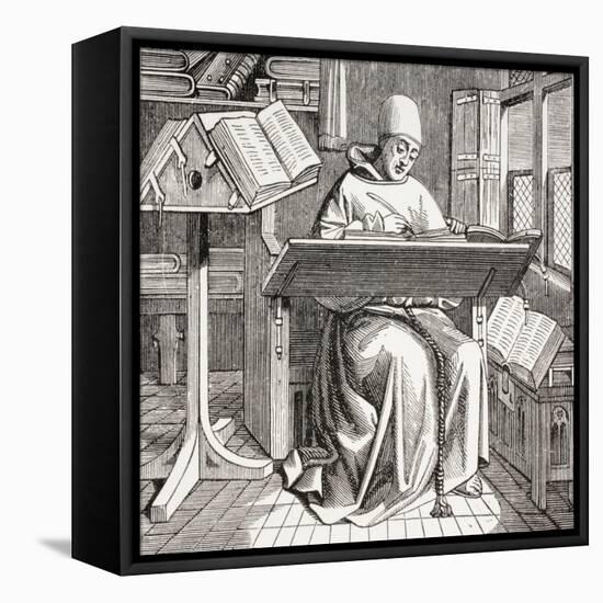 A Monk Scribe Surrounded by Manuscripts and Books at His Desk, after a 15th Century Work, from…-null-Framed Stretched Canvas