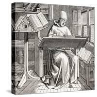 A Monk Scribe Surrounded by Manuscripts and Books at His Desk, after a 15th Century Work, from…-null-Stretched Canvas