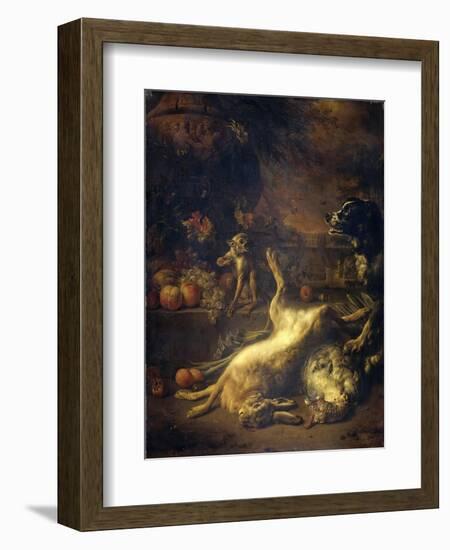 A Monkey and a Dog with Dead Game and Fruit-Jan Weenix-Framed Art Print