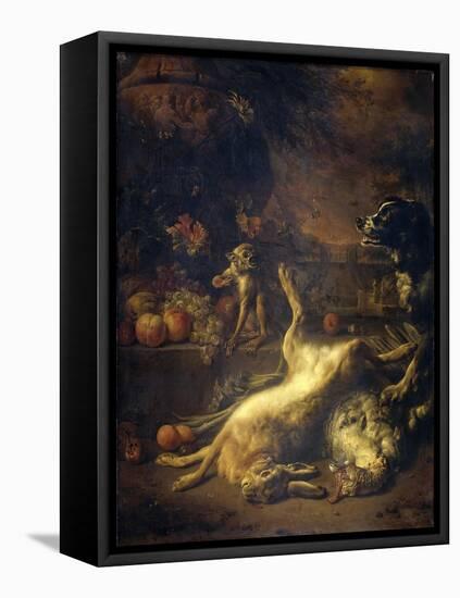 A Monkey and a Dog with Dead Game and Fruit-Jan Weenix-Framed Stretched Canvas