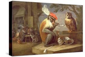 A Monkey Smoking and Drinking with an Owl-Ferdinand van Kessel-Stretched Canvas