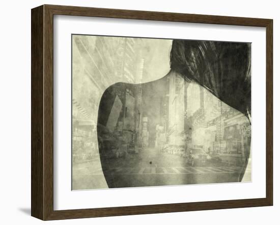 A Montage of a Naked Young Woman's Back and a City Street with Cars and Illuminations-Kenji Mizumori-Framed Photographic Print