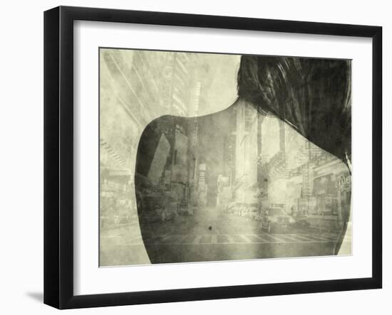 A Montage of a Naked Young Woman's Back and a City Street with Cars and Illuminations-Kenji Mizumori-Framed Photographic Print