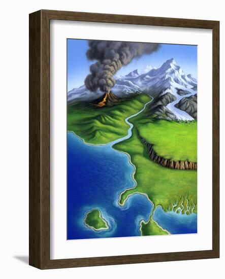 A Montage of Earth's Features Including a Volcano, River, Storm and Mountains-null-Framed Art Print