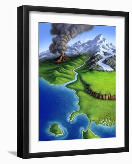 A Montage of Earth's Features Including a Volcano, River, Storm and Mountains-null-Framed Art Print