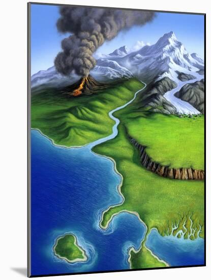 A Montage of Earth's Features Including a Volcano, River, Storm and Mountains-null-Mounted Art Print