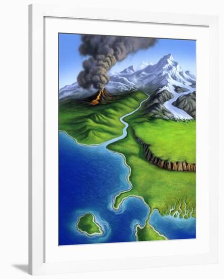 A Montage of Earth's Features Including a Volcano, River, Storm and Mountains-null-Framed Art Print