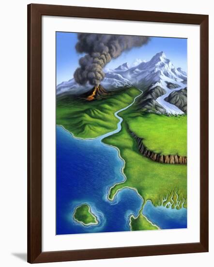 A Montage of Earth's Features Including a Volcano, River, Storm and Mountains-null-Framed Art Print