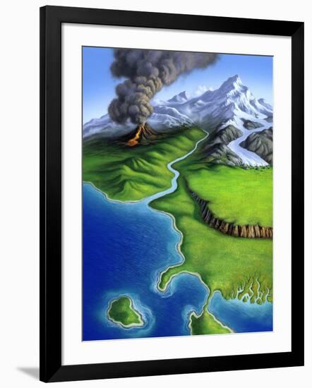 A Montage of Earth's Features Including a Volcano, River, Storm and Mountains-null-Framed Art Print