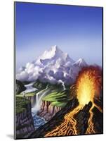 A Montage of Earth's Features Including a Volcano, River, Storm and Mountains-null-Mounted Art Print