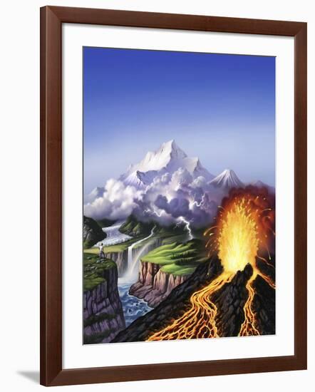 A Montage of Earth's Features Including a Volcano, River, Storm and Mountains-null-Framed Art Print