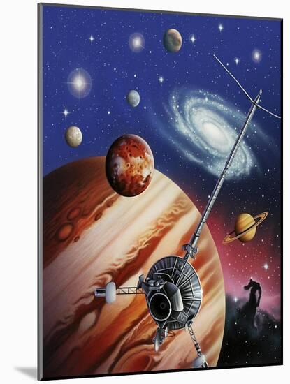 A Montage of the Universe Featuring Astronomical Objects and an Exploratory Craft-null-Mounted Art Print