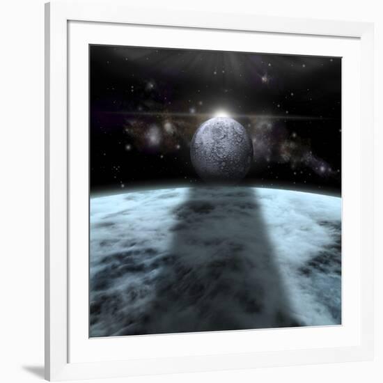 A Moon Rises Above a Stormy Gas Giant Planet-null-Framed Art Print