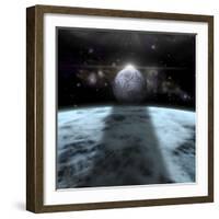 A Moon Rises Above a Stormy Gas Giant Planet-null-Framed Art Print