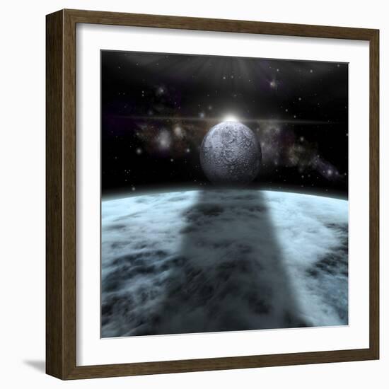 A Moon Rises Above a Stormy Gas Giant Planet-null-Framed Art Print