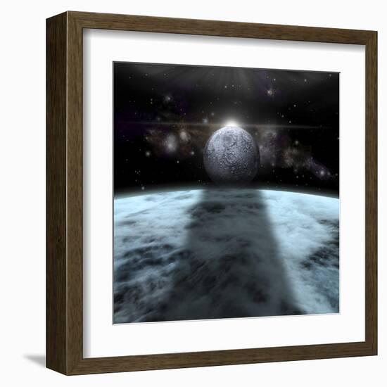 A Moon Rises Above a Stormy Gas Giant Planet-null-Framed Art Print