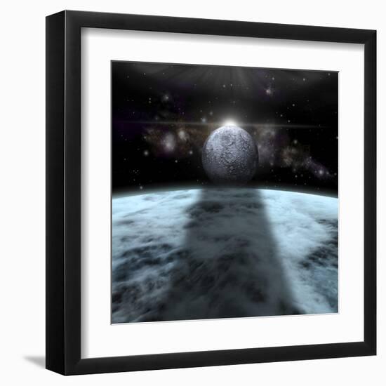 A Moon Rises Above a Stormy Gas Giant Planet-null-Framed Art Print