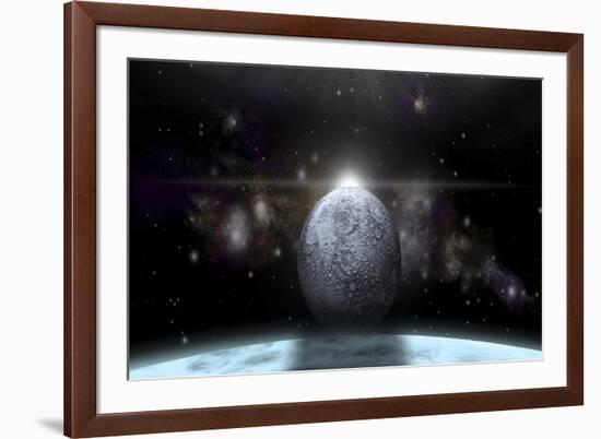 A Moon Rises Above a Stormy Gas Giant Planet-null-Framed Art Print