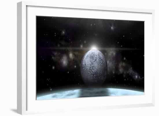 A Moon Rises Above a Stormy Gas Giant Planet-null-Framed Art Print