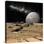 A Moon Rises over a Rocky and Barren Alien Landscape-Stocktrek Images-Stretched Canvas