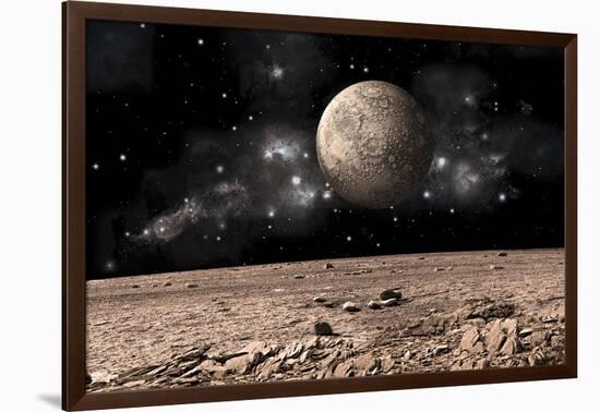 A Moon Rises over a Rocky and Barren Alien Landscape-null-Framed Art Print