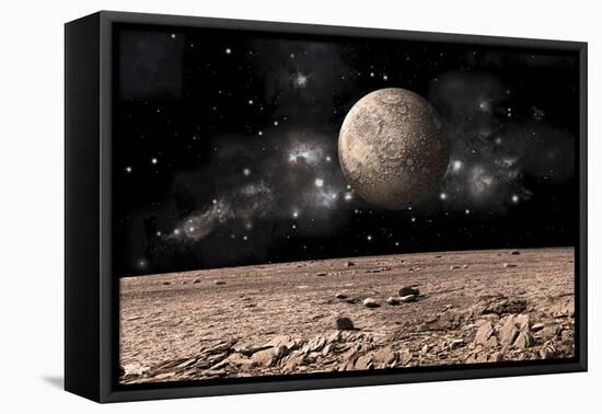 A Moon Rises over a Rocky and Barren Alien Landscape-null-Framed Stretched Canvas