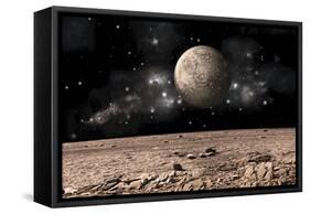 A Moon Rises over a Rocky and Barren Alien Landscape-null-Framed Stretched Canvas