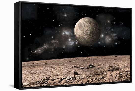 A Moon Rises over a Rocky and Barren Alien Landscape-null-Framed Stretched Canvas