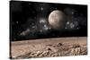 A Moon Rises over a Rocky and Barren Alien Landscape-null-Stretched Canvas