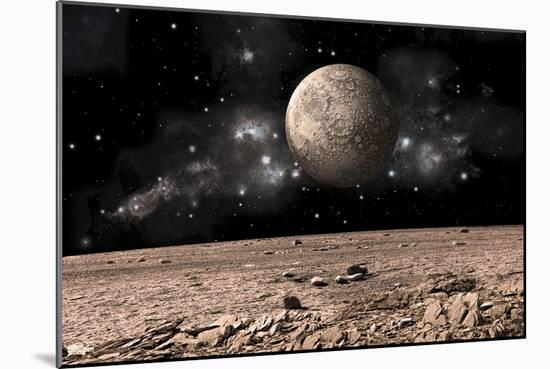 A Moon Rises over a Rocky and Barren Alien Landscape-null-Mounted Premium Giclee Print