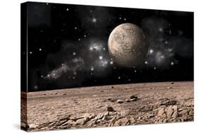 A Moon Rises over a Rocky and Barren Alien Landscape-null-Stretched Canvas