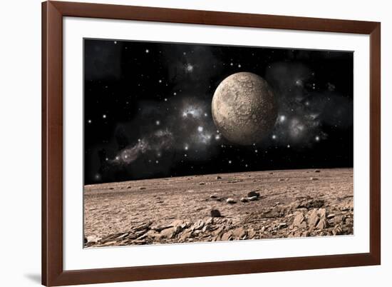 A Moon Rises over a Rocky and Barren Alien Landscape-null-Framed Art Print