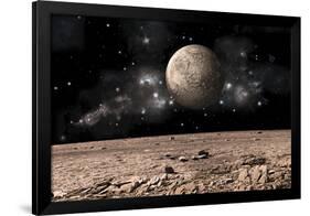 A Moon Rises over a Rocky and Barren Alien Landscape-null-Framed Art Print