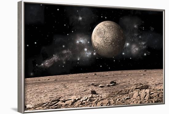 A Moon Rises over a Rocky and Barren Alien Landscape-null-Framed Art Print