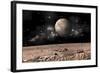 A Moon Rises over a Rocky and Barren Alien Landscape-null-Framed Art Print