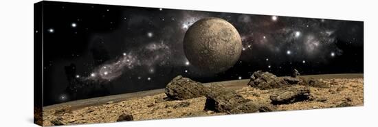 A Moon Rises over a Rocky and Barren Alien Landscape-Stocktrek Images-Stretched Canvas