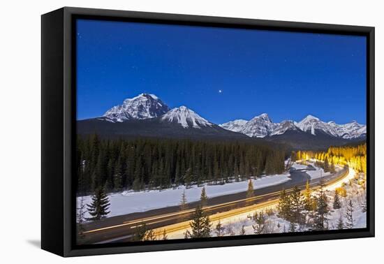 A Moonlit Nightscape over the Bow River and Morant's Curve in Banff National Park, Canada-null-Framed Stretched Canvas