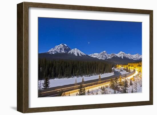 A Moonlit Nightscape over the Bow River and Morant's Curve in Banff National Park, Canada-null-Framed Photographic Print