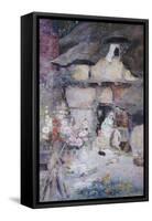 A Mother and Children Feeding Rabbits at the Door of a Thatched Cottage-David Woodlock-Framed Stretched Canvas