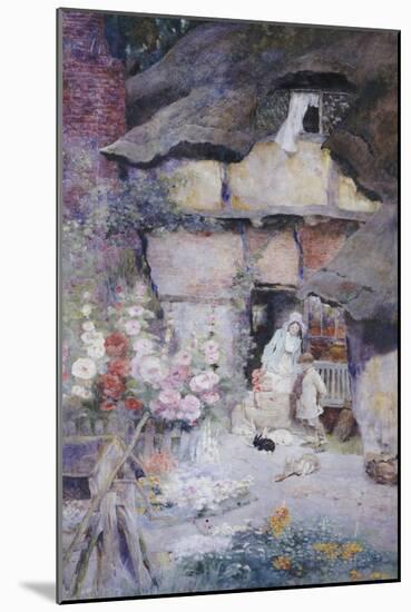 A Mother and Children Feeding Rabbits at the Door of a Thatched Cottage-David Woodlock-Mounted Giclee Print