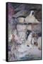 A Mother and Children Feeding Rabbits at the Door of a Thatched Cottage-David Woodlock-Framed Stretched Canvas